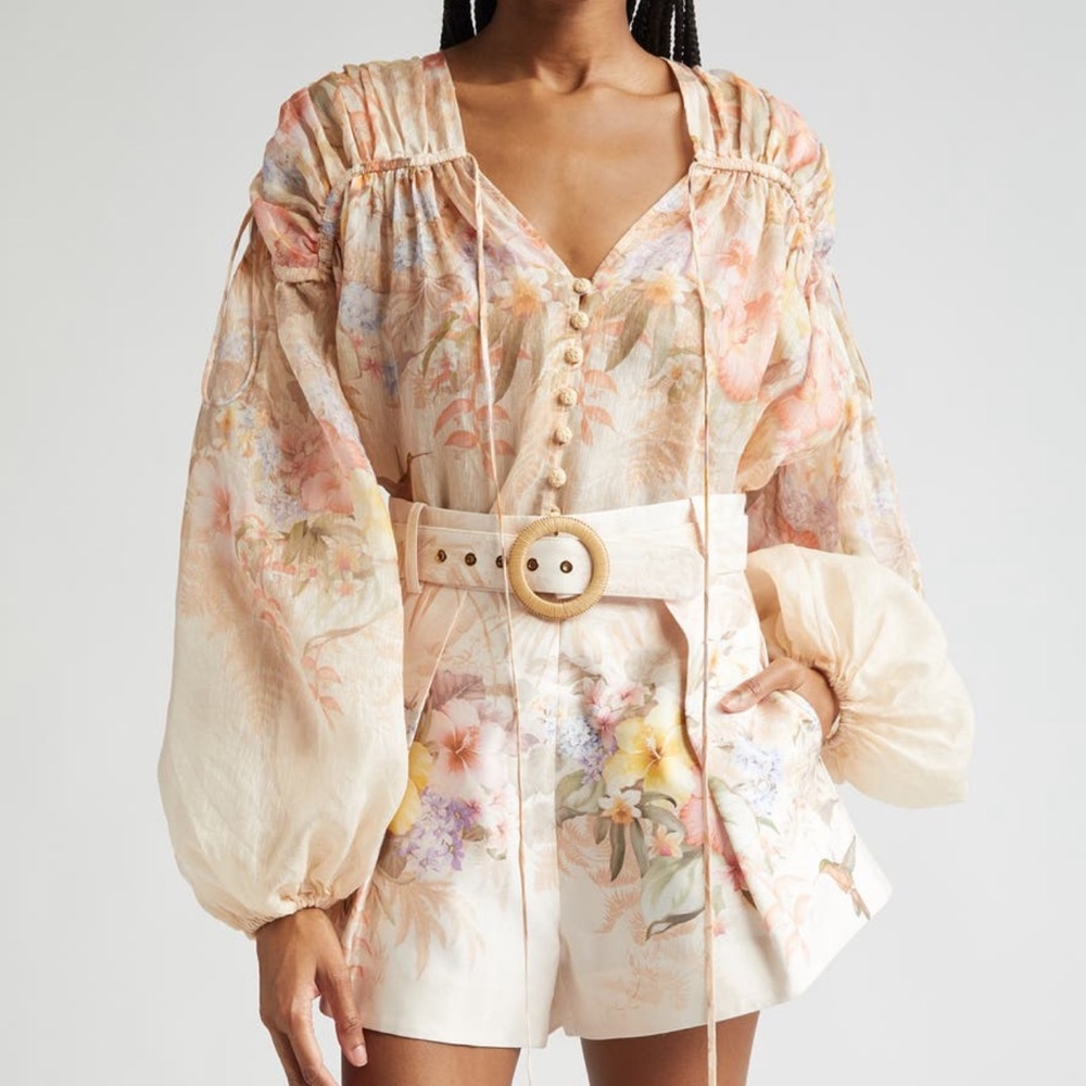 Zimmermann Illuminate Pleated Floral Linen Silk Blouse Cream Pink Multi US 8 NWT
